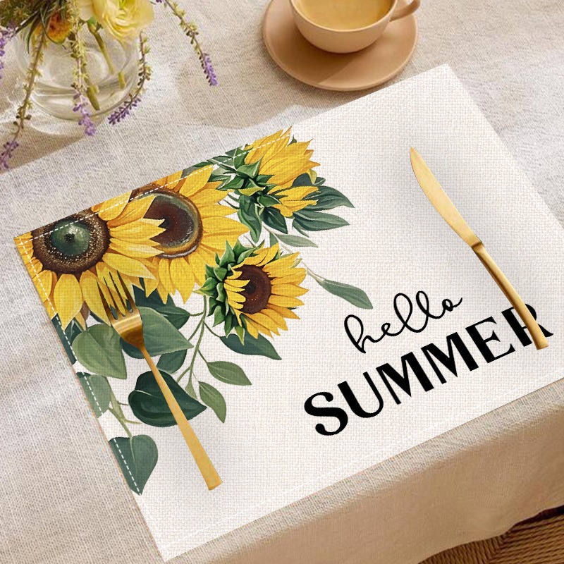 Linen Table Runner - 5 個春夏花柄ひまわりテーブルランナープレースマットセット 2026 耐熱ダイニングテーブル装飾キッチンレストラン用