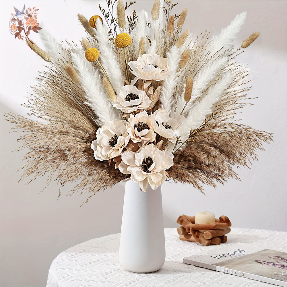 Pampas Grass Decor - 55 個造花花束ふわふわススキミックス偽牡丹モダンラグジュアリーシックな家の装飾ドライフラワーアレンジメント